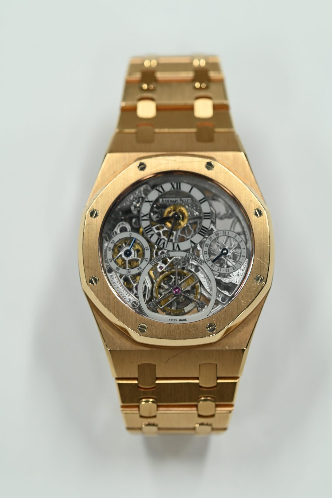 Audemars Piguet Royal Oak skeleton tourbillon in yellow gold with openworked dial, date subdial and integrated bracelet