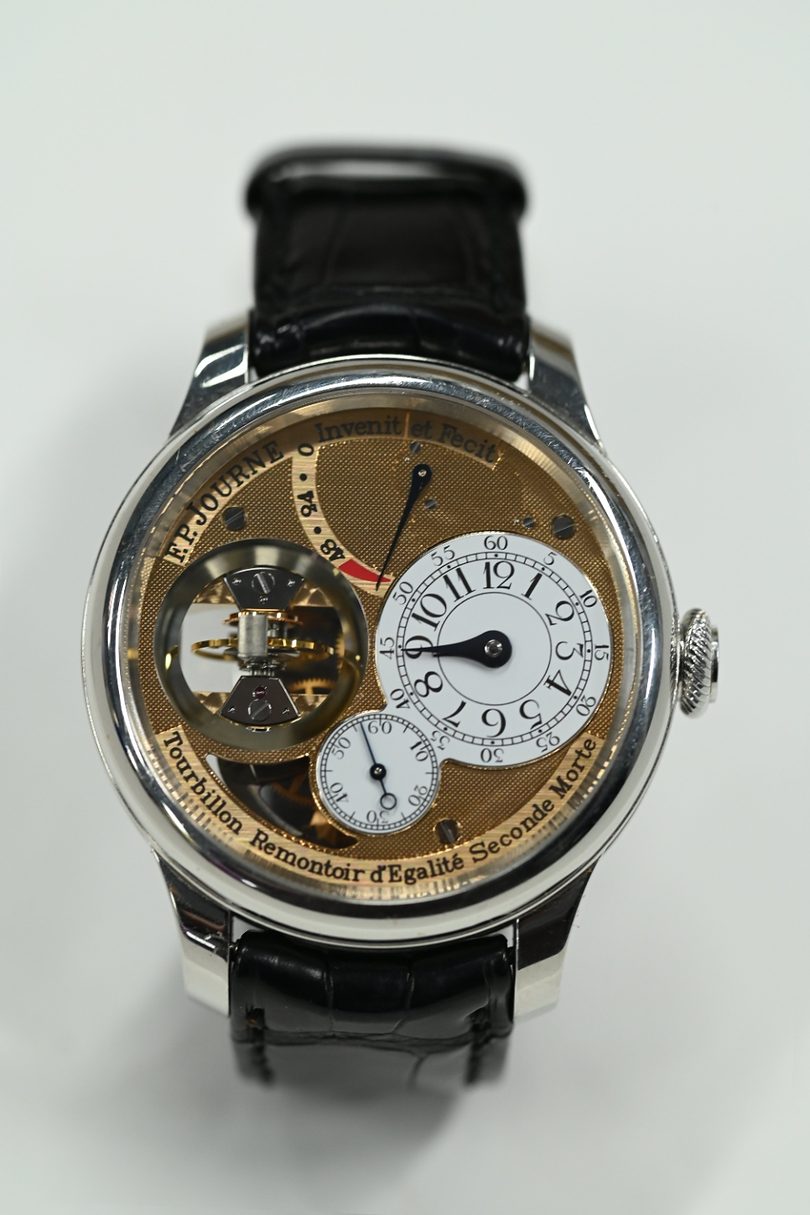 F P Journe Tourbillon Souverain with gold guilloche dial, tourbillon at nine, dead seconds subdial and power reserve, in platinum