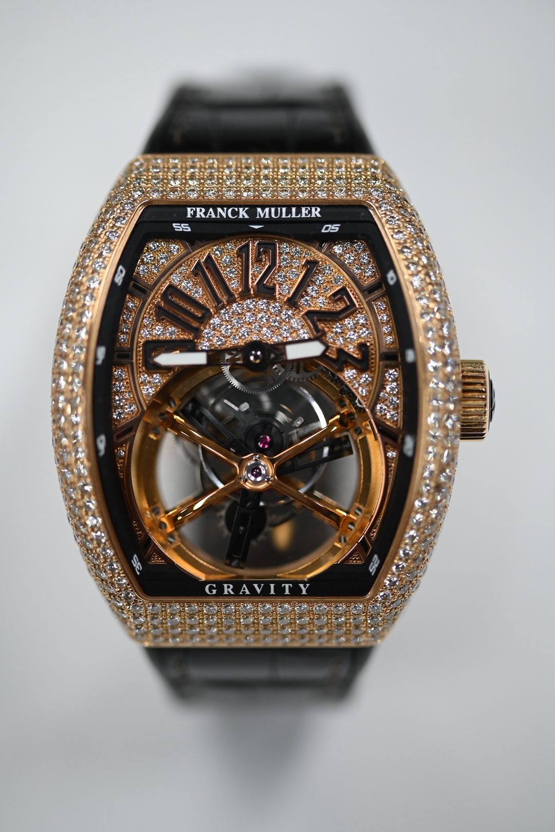 Franck Muller Vanguard Gravity Tourbillon in rose gold with full pave diamond case and an oversized tourbillon cage at six