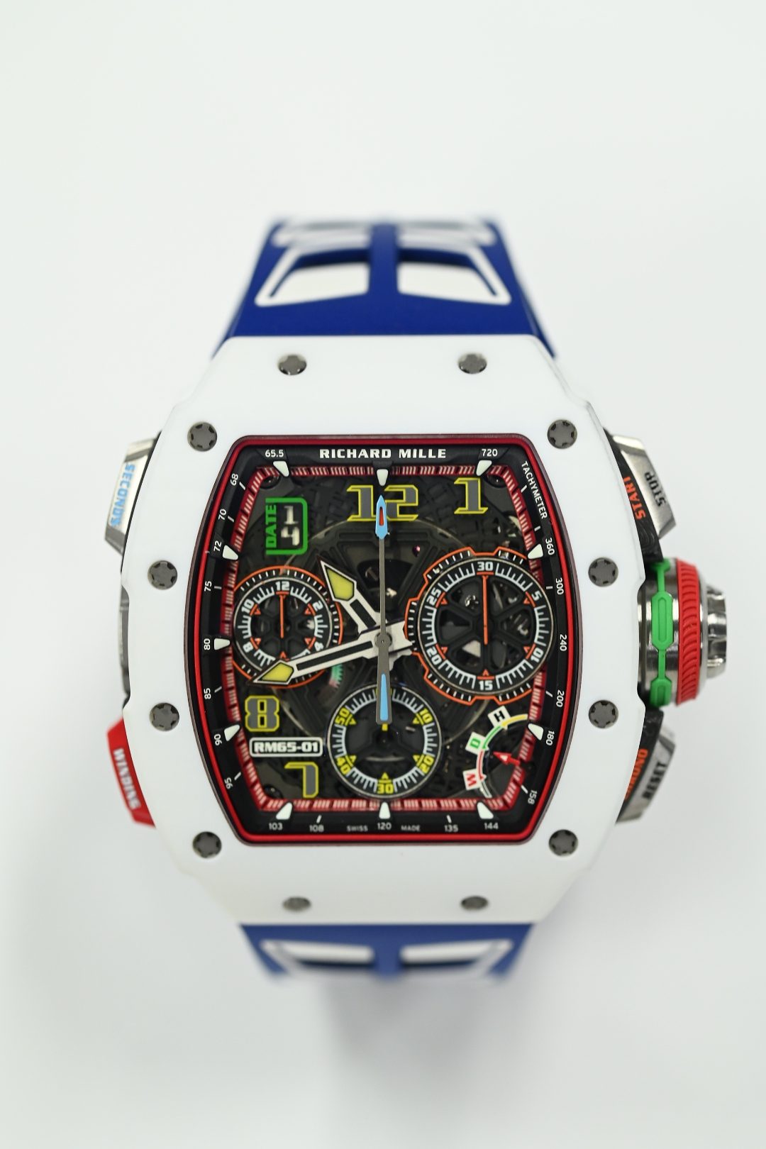 Richard Mille RM 65-01 automatic split seconds chronograph in white ceramic with skeletonised dial and blue and white rubber strap
